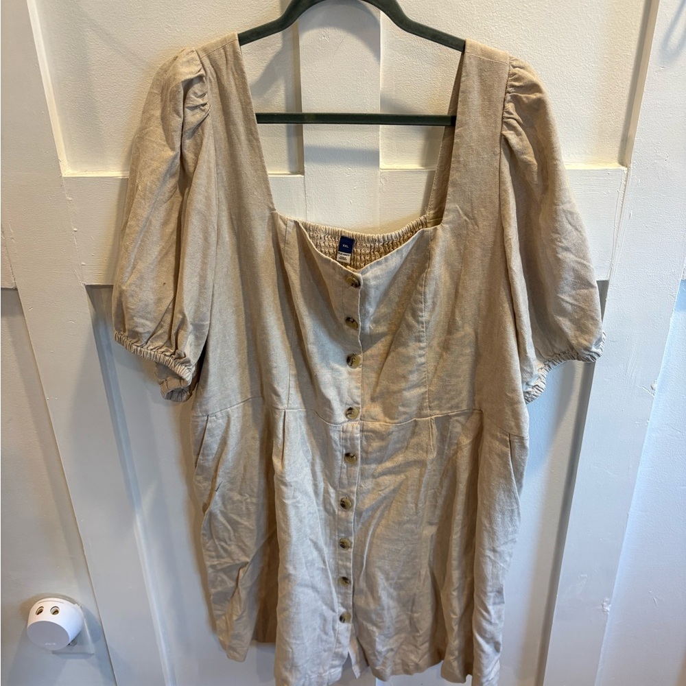 Old Navy Beige Button-Front Puff Sleeve Mini Dress